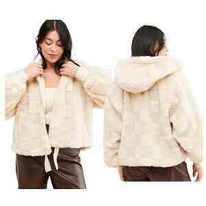 Anthropologie Cropped Faux Fur Hoodie Jacket Cream Zip Front Long Sleeve Size M